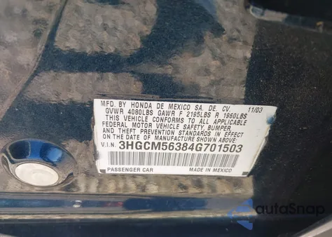 2004 Honda Accord 2.4 Lx из США, поврежденный, VIN 3HGCM56384G701503